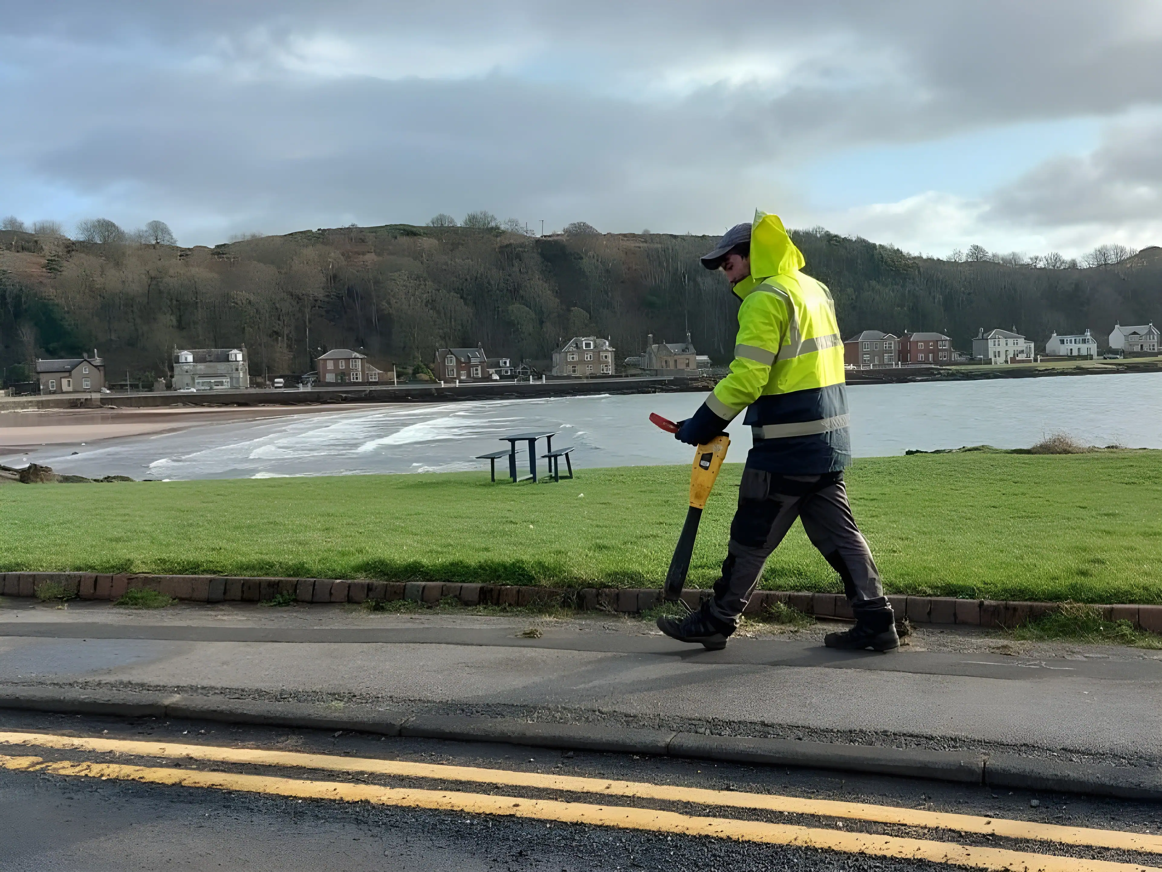 Utility surveyor in high-visibility jacket using ground-penetrating radar near water body and residential area.
