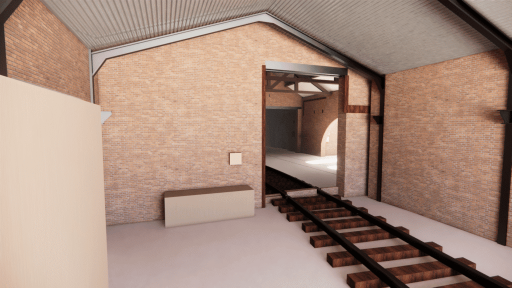 How a Measured Building Survey Helps with Building Refurbishment Projects 1 - How a Measured Building Survey Helps with Building Refurbishment Projects Detailed 3D model of railway track inside a building, showcasing construction and architectural design for survey and modeling projects.