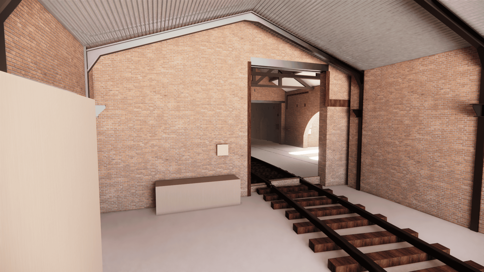 Detailed 3D model of railway track inside a building, showcasing construction and architectural design for survey and modeling projects.