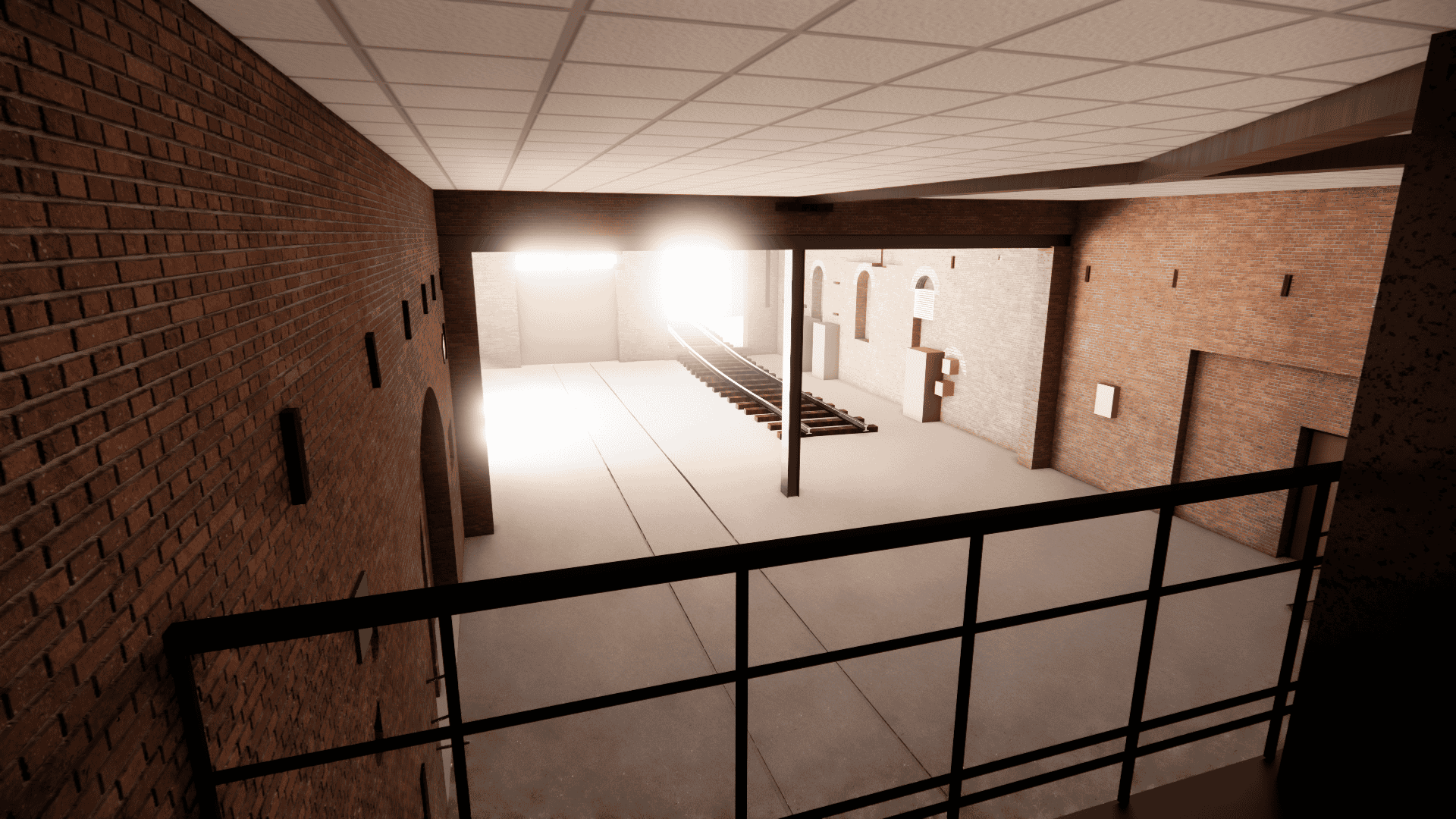 Sunlight streaming into a spacious, modern interior with brick walls and a high ceiling, featuring a staircase and open area.